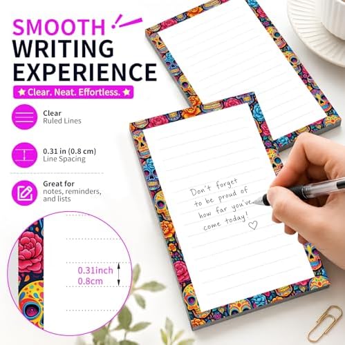 Lined Sticky Notes 4x6 in, 2 Pack Large Cute Notepads with Lines Self-Stick Note Pad, Funny Memo Pads Strong Adhesive for Office, Home Colorful Funny Skulls