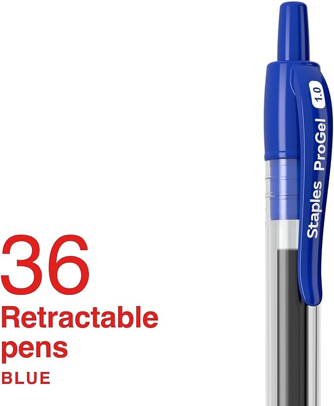 Staples ProGel Retractable Gel Pens, Bold 1.0mm, Blue Ink, 36-Pack | Smooth-flow pens for high-volume everyday office writing.