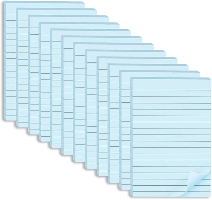 (12 Pack) Lined Sticky Notes 4x6 in,Light Blue Large Notepads with Lines,Ruled Stickies Super Sticking Power,Office School Memo Note Pads,Post on Windows Doors,Recyclable,Easy to Write on