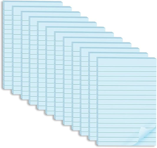 (12 Pack) Lined Sticky Notes 4x6 in,Light Blue Large Notepads with Lines,Ruled Stickies Super Sticking Power,Office School Memo Note Pads,Post on Windows Doors,Recyclable,Easy to Write on