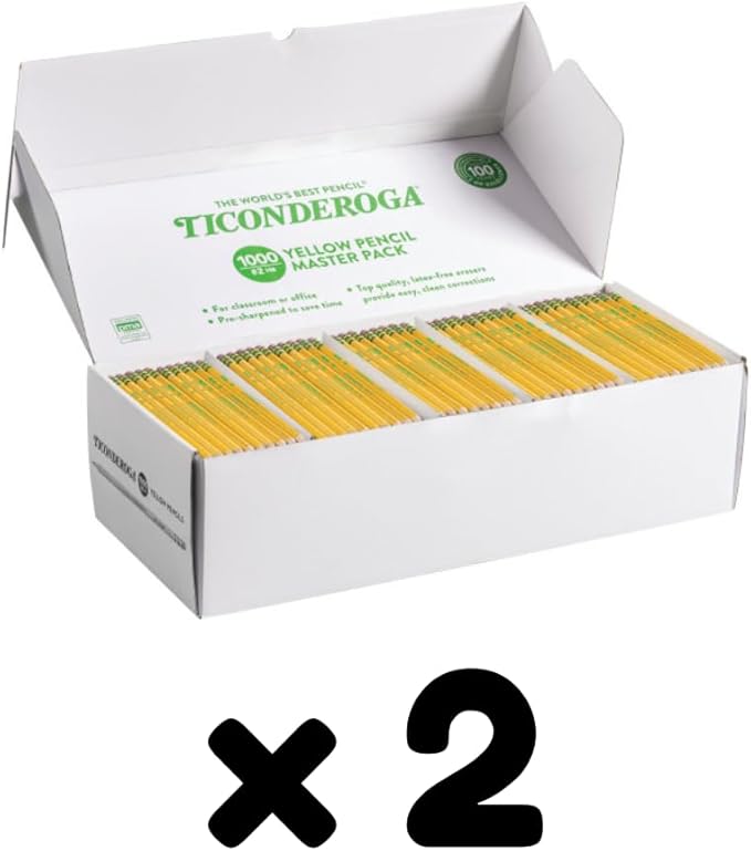 Ticonderoga Wood-Cased Pencils, Pre-Sharpened, 2 HB Soft, Yellow, 1000/Box, Pack of 2 Boxes, 2000 Pencils Total