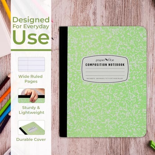 Paper Rite Assorted Marble Composition Notebook Wide Ruled (9.75x7.5 in), 100 Sheets | 200 Pages | For School, Office, Students, Teachers (4, Green)