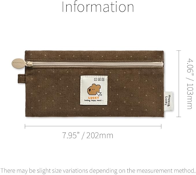 Monolike Happy and Lucky Candy Dot pen case, Brown - Slim Corduroy Style Cotton Pen Pouch, Cute Aesthetic Pastel Stationery Organizer for Office