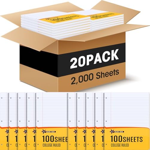 Fainne 20 Pack College Ruled Filler Paper, 8x10.5, 3-Hole Punched