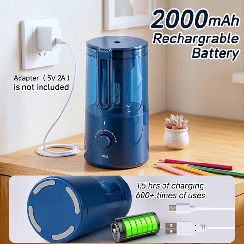 Deli Electric Pencil Sharpener, Fully Automatic Pencil Sharpener for 6.9-8mm No.2 & Colored Pencils, Auto in & Out, Rechargeable Hands-Free Sharpener for Classroom, Home, Office, Blue