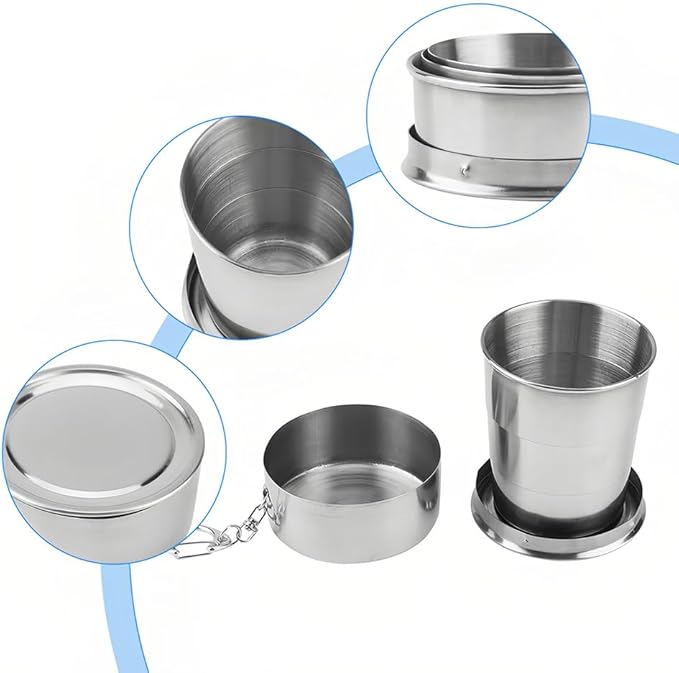 Stainless Steel Collapsible Cup, 150ml Camping Folding Cup Retractable Travel Mug with Lid Keychain Portable Drinking Outdoor Demountable Stackable Expandable Protective Cap for Hiking Picnic(M)