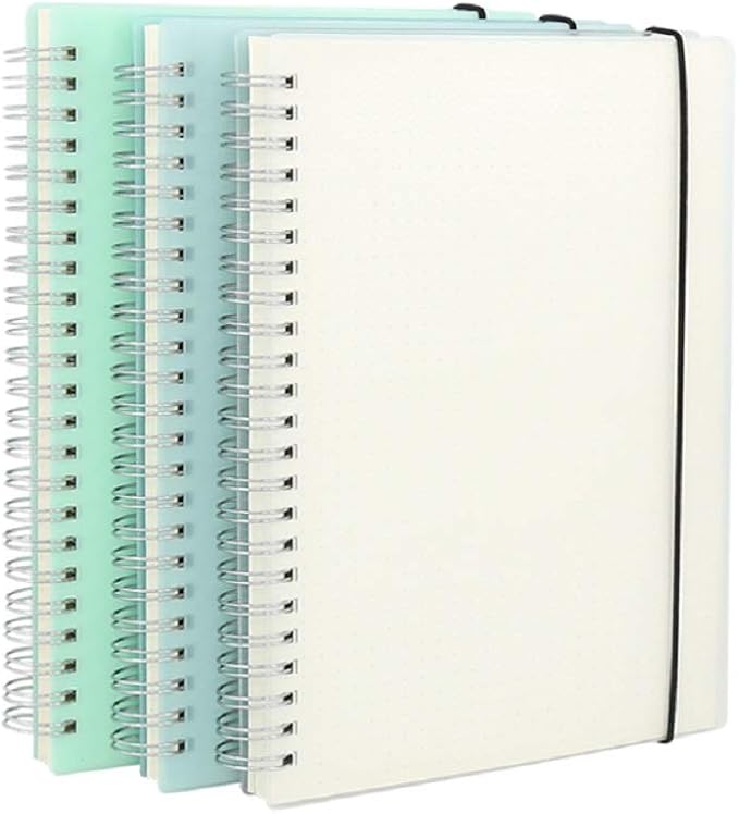 3 Pack A5 Spiral Bullet Dotted Journal with 120gsm Thick Paper, Dot Grid Spiral Notebook with Plastic Hardcover and Elastic Band Closure, 80 Sheets Per Pack 5.7X 8.3 inches