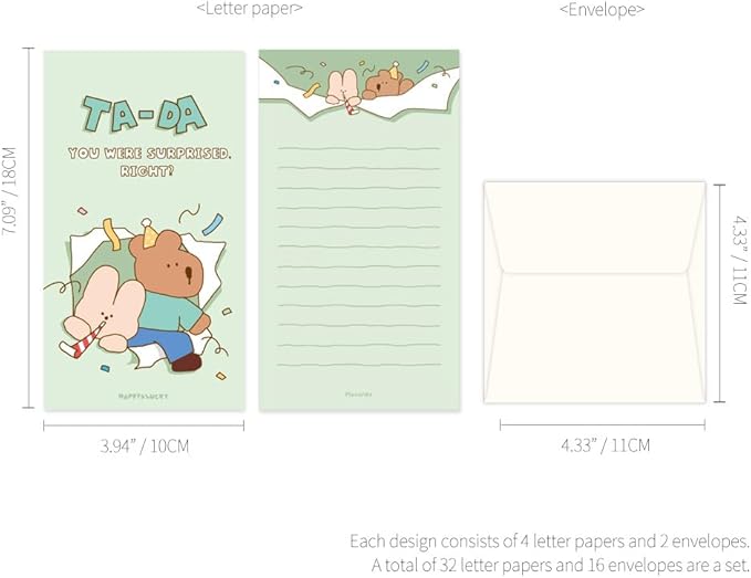Monolike Happy and Lucky Littles Series.1 Mini Letter Paper and Envelopes Set - 8Type, 32 Letter Paper + 16 Envelopes