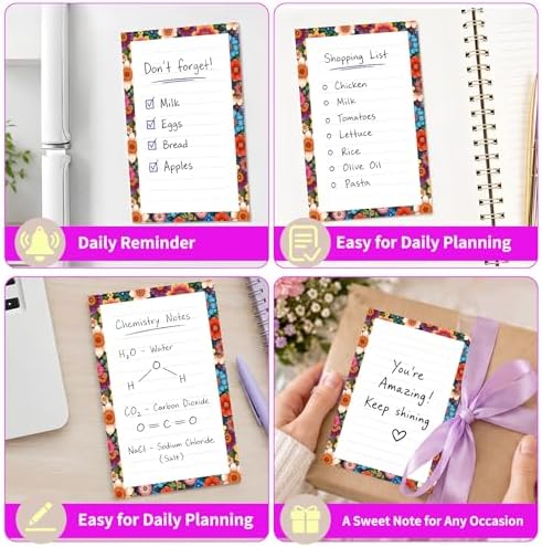 Lined Sticky Notes 4x6 in, 2 Pack Large Cute Notepads with Lines Self-Stick Note Pad, Funny Memo Pads Strong Adhesive for Office, Home Colorful Boho Flowers