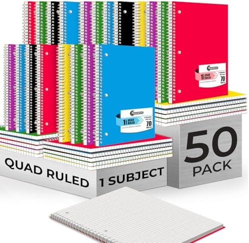Rosmonde Bulk 1 Subject Spiral Notebook Graph Paper, 50 Pack, 70 Sheets