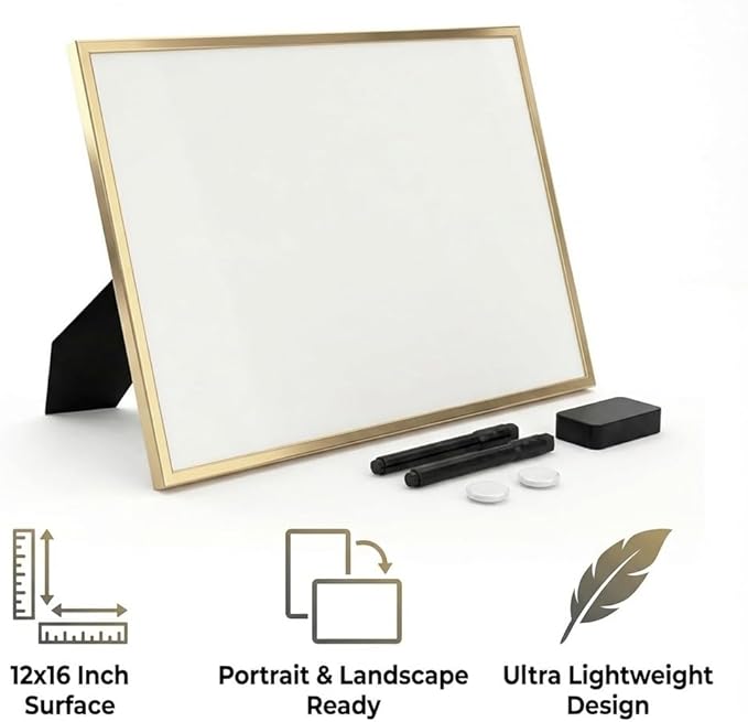 Magnetic Dry Erase Board 12x16 with Foldable Stand, Portable Gold Desktop Whiteboard for Home, Office, School & Kitchen