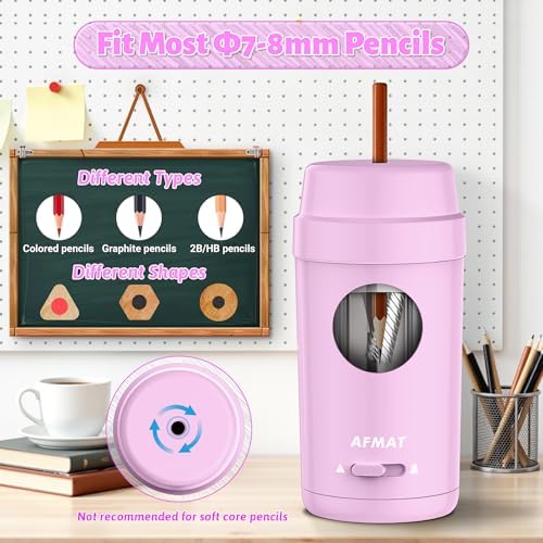 AFMAT Electric Pencil Sharpener, Auto in & Out, Fully Automatic Pencil Sharpener for Colored Pencils, Rechargeable Hands-Free Sharpeners for φ7-8mm Pencils, Good for Classroom/Home PSX8(Light Purple)