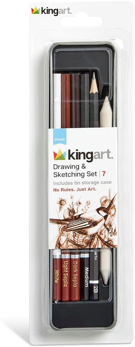 KINGART 7-Piece Mixed Media Drawing & Sketching Set with Metal Storage Tin – Includes Graphite, Charcoal, and Pastel Pencils, Blending Stump, and Case