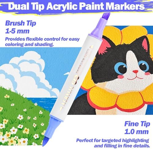 48 Colors Dual Tip Acrylic Paint Markers, Dual Tip with Fine Tip and Brush Tip Colors Acrylic Paint Pens for Stone, Wood, Calligraphy, Ceramic, Canvas,DIY Crafts, Card Making, Metal, Glass, Rock