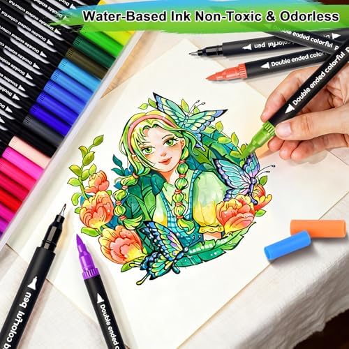 Dual Markers Brush Pens, Art Brush Coloring Markers for Adult Coloring Books, 60 Colors Pens for Teens, Double Tip Colored Pen for Journaling Note taking Planner Lettering Calligraphy Drawing