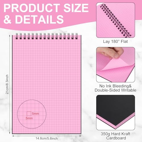 Engrowtic 2 Pack Graph Paper Spiral Notebook A5,Black(internal Pink)