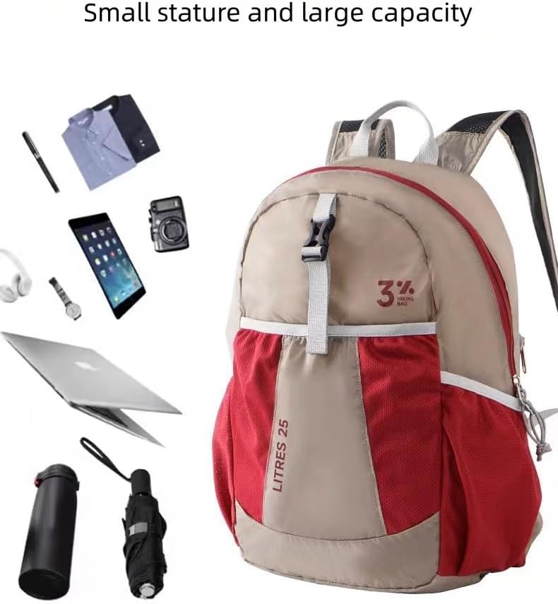 Travel lightweight foldable backpack hiking backpack splash proof compact travel backpack day pack (khaki&red)