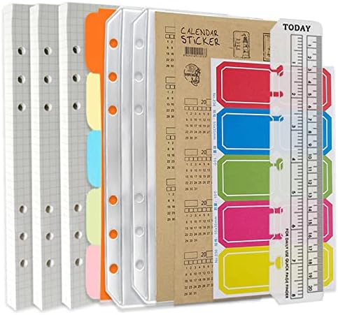 DY.2ten A5 6-Hole Binder Notebook Refills Set - 135 Sheets (270 Pages) Graph Paper + 2pcs A5 Zipper Binder Pockets + 5 Pcs A5 Dividers + Index Note Tabs + index with date + Ruler