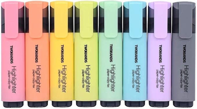 TWOHANDS Highlighters, 8 Assorted Pastel Colors, Chisel Tip Marker Pen,with Large Ink Reservoir for Extra Long Marking Performance 20208