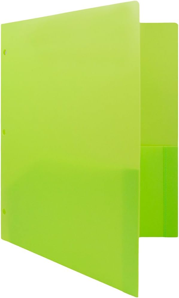 JAM PAPER Heavy Duty Plastic 3 Hole Punch Pocket Folders - Extra Tough School Folders - Lime Green - 6/Pack
