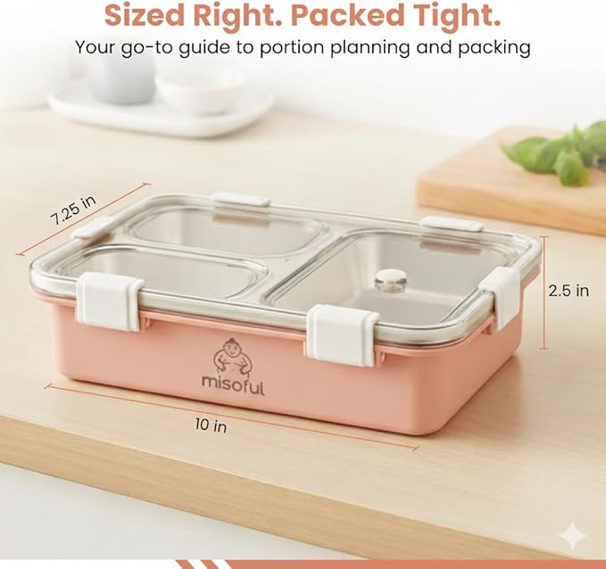Bento Lunch Box for Kids Age 8+, Teens, Adults - 1000ml Stainless Steel School Lunchbox, 3 Compartments, Non-Microwavable, Compact BPA-Free Food Container for School Lunches, Snacks, Travel - Pink
