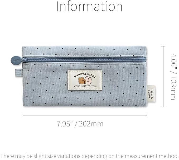 Monolike Happy and Lucky Candy Dot pen case, Blue - Slim Corduroy Style Cotton Pen Pouch, Cute Aesthetic Pastel Stationery Organizer for Office