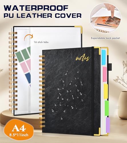Hardcover Spiral Notebook 8.5"x11" Journal with Removable Dividers Tabs, 300 Pages Organizer Notebooks for Work School, Leather 5 Subject Notebook College Ruled, Large Lined Journal for Women，Black