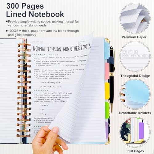 Spiral Journal Notebooks for Work, 300 Pages 5 Subject Notebook College Ruled with Dividers & Tabs, A5 Notebook Journal for Women Students Note-Taking and Organizer (Velvet Bloom)