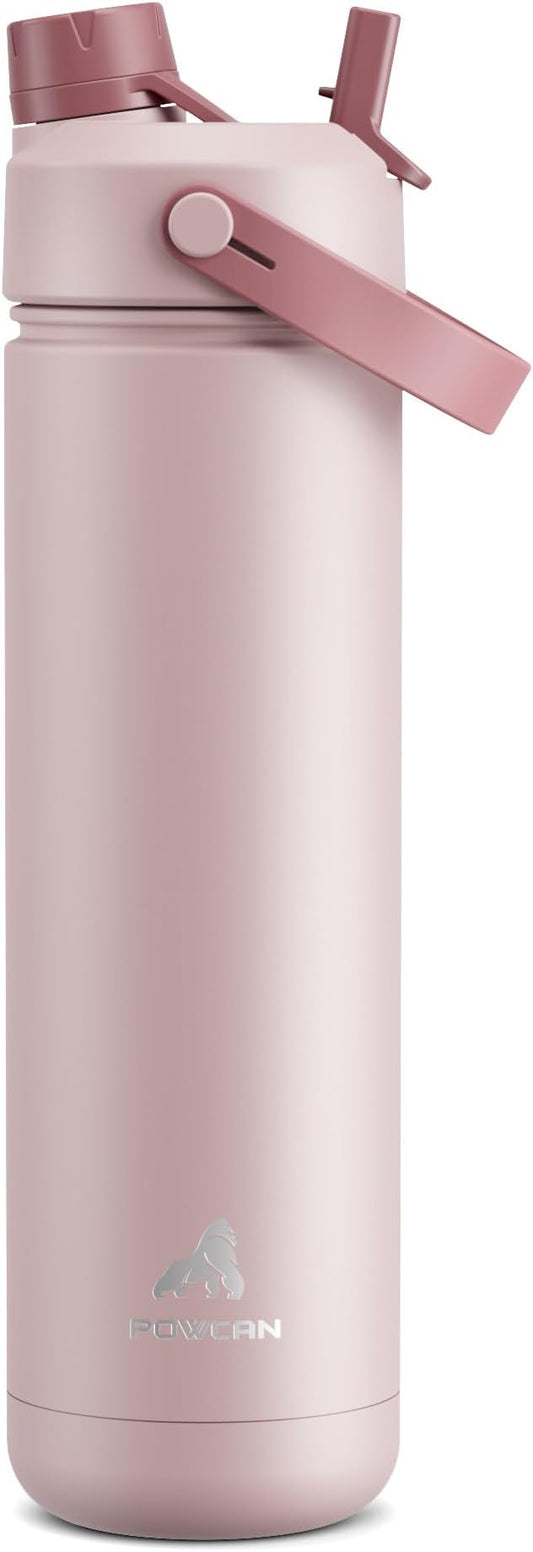 POWCAN 26 oz Insulated Water Bottle with 2-in-1 Straw and Spout Lid, Keep Cold 24H, Leak-Proof, Fits in Car Cup Holder, Stainless Steel Water Bottle for Sports, Travel, Gym, and School (Dried Rose)