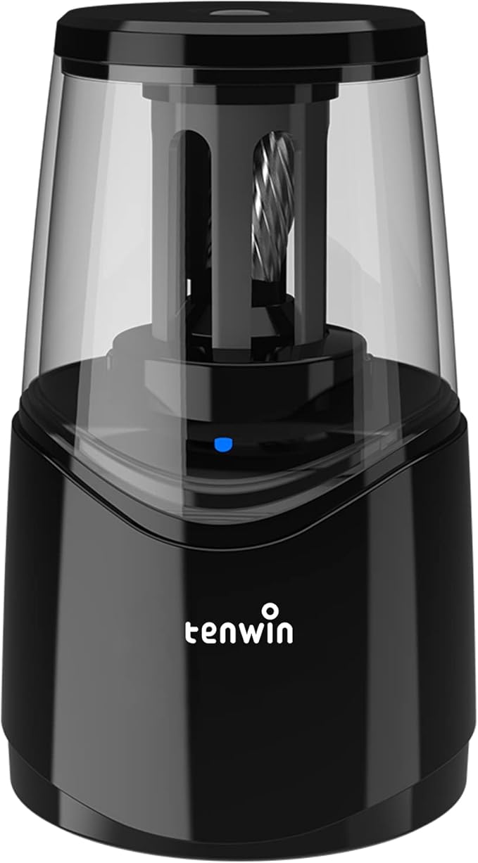 tenwin Rechargeable Electric Pencil Sharpener with Durable Helical Blade to Fast Sharpen, Heavy Duty Pencil Sharpener for No.2 & Colored 6-8mm Pencils for School Office Home (Black)