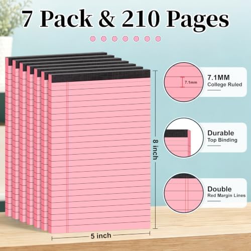 7 PCS Note Pads 5x8 Small Legal Pads 210 Sheets, Perforated Small Notebook Notepad 5 x 8 ,College Ruled Lined Paper Pads 80GSM, Mini Hard Backing Writing Pads Memo for Work School &Office Supplies-Pink