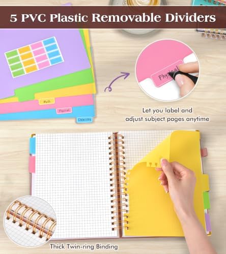 5 Subject Graph Paper Notebook with Removable Dividers Tabs, 300 Pages Hardcover Leather Grid Spiral Journal, 8"x10" B5 Large Graphing Notebooks for Women Men Work School College Engineering, Pink