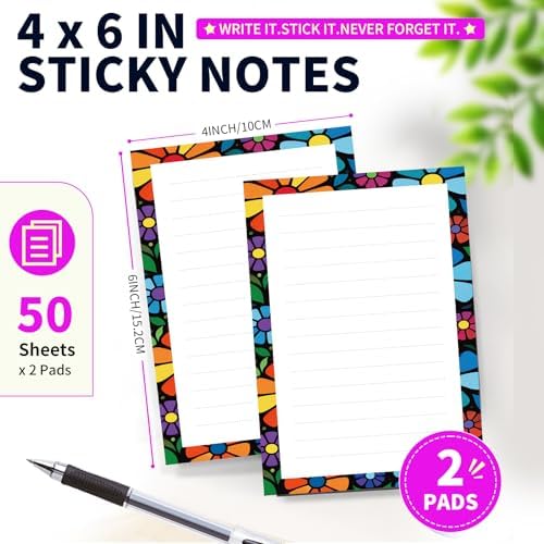 Lined Sticky Notes 4x6 in, 2 Pack Large Cute Notepads with Lines Self-Stick Note Pad, Funny Memo Pads Strong Adhesive for Office, Home Colorful Boho Flowers