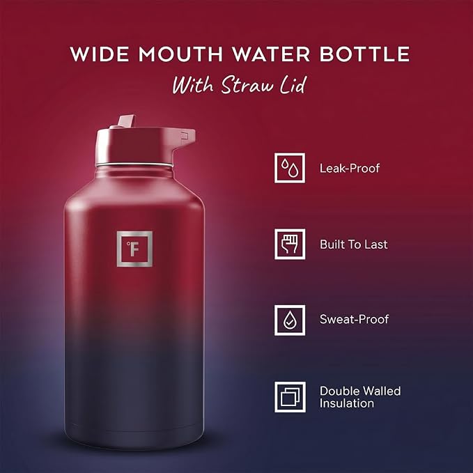IRON °FLASK 64 oz Wide Mouth Water Bottle with Straw | Insulated Half Gallon Water Bottle with Leakproof Straw Lid - BPA Free, Cold 24 Hrs, Sweat Free (Dark Rainbow)