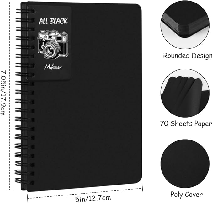 5x7in Black Paper Mixed Media Sketchbook, 110gsm Spiral Bound Art Journal Sketchbook, 70Sheets Acid-Free Travel Pocket Sketch Pad for Drawing, Illustration, Ideal for Most Dry Media