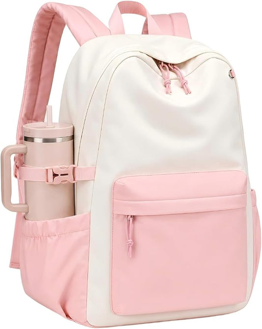 LOIDOU Backpack for Girls School Backpacks Bookbags for Elementary Middle School Women Laptop Backpacks (Pink White-, L-17)