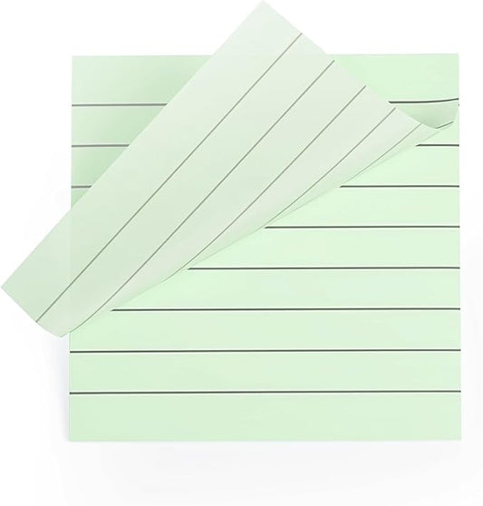 2 Pads, 100 Sheets, Clear Transparent Lined Sticky Notes 3x3 Inches, Self-Stick Notes, See Through Translucent, Easy to Post, Study Supplies, Office Products, Reusable, Waterproof, Light Green