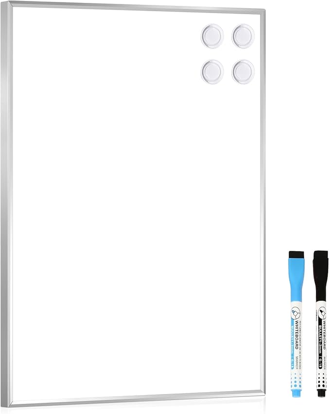Small Dry Erase Whiteboard, 16 x 12 Inches Magnetic White Board for Students, Home, Office, School, Silver Aluminum Frame, 4 Magnets, 2 Markers