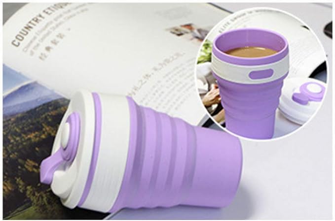 Fullgaden Silicone Collapsible Travel Cup,Portable Drinking Mug with Lid, Water, Coffee, Coca Cola and Snacks for Hiking, Camping, Picnic, Purple
