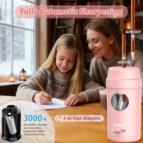 AFMAT Electric Pencil Sharpener, Auto in & Out, Fully Automatic Pencil Sharpener for Colored Pencils, Rechargeable Hands-Free Sharpeners for φ7-8mm Pencils, Good for Classroom/Home PSX8(Light Pink)