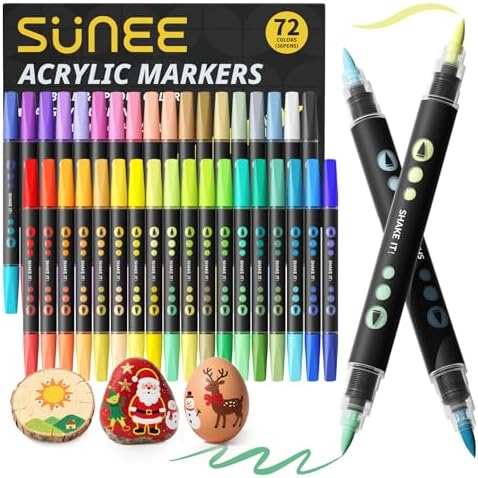 SUNEE 72 Colors Acrylic Paint Markers, 36 Pack Brush Tip Paint Pens with Automatic Ink Control System, Coloring Markers for Metal, Rock, Ceramic, Wood, Canvas, Glass, DIY Crafts Art Supplies Kit