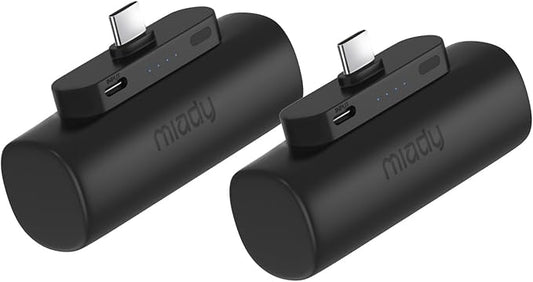 Miady 2-Pack 5000mAh Mini Portable Charger with Built-in Type C Connector, USB-C Output Charging Small Power Bank, Ultra-Compact Battery Pack Compatible with iPhone 17/16 Galaxy S24/S22 iPad (2 Black)