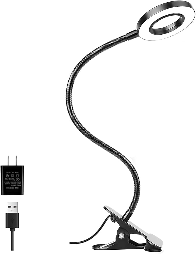 Woputne Desk Clip on Lamp for Reading Home Office, with 5V 2A Adapter, 10 Dimmable Brightness 3 Modes, Clamp Reading Light for Bed Headboard, Craft (Black)…