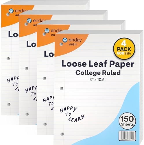 Loose Leaf Paper Notebook Paper, 8" x 10.5" Filler Paper White, 3 Hole Punched Binder Paper for 3 Ring Binders, Lined Paper 150 Sheets Per Pack - By Enday (4 Pack, College Ruled)