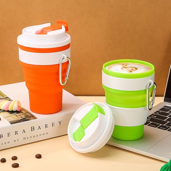Foldable silicone coffee cup, 16 oz portable eco-friendly water cup with double lids, storage with hanging ring to save space, suitable for outdoor hiking, camping, cycling, car use (Green 420ML)