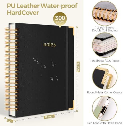 SKYDUE 5 Subject Notebook with Dividers and Tabs, 8" x 10" College Ruled Notebook for Work, 300 Pages Spiral Journal for Women, Black