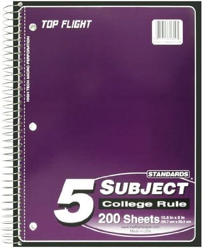 Top Flight Standards 5-Subject Wirebound Notebook, 200 Sheets, 3-Hole Punched, College Rule, 10.5 x 8 Inches, 1 Notebook, Color May Vary (31820)