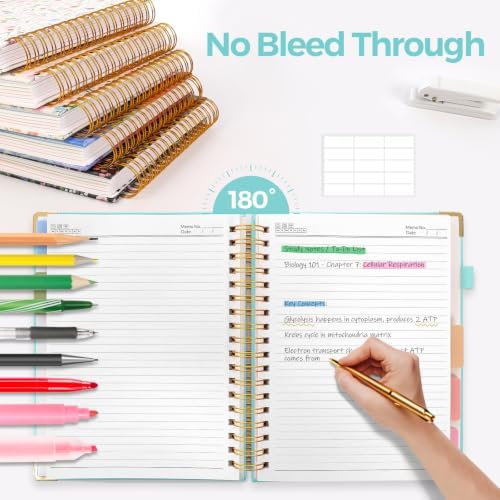 SKYDUE Spiral Journal for Women, B5 College Ruled Notebooks for Work with Dividers,Tabs and Pocket, Mint