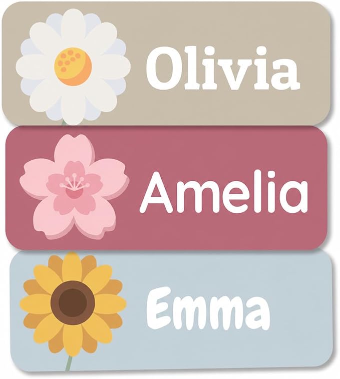 Bunny Badges Personalized Name Labels for Kids (60, 120, or 240 Count) Custom Daycare Labels & Name Stickers for Clothing Tags, Water Bottles, Lunch Boxes and School Supplies (Flowers)