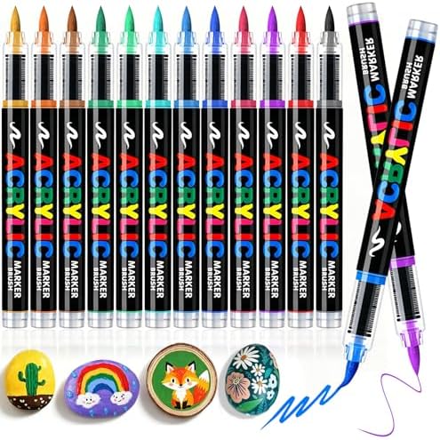 Acrylic Paint Markers Brush Tip 12 Colors, Soft Brush Tip Acrylic Paint Pens with Automatic Ink Control, Water-Based No-Bleed Paint Markers for Rock Painting Fabric Wood Ceramic Metal DIY Crafts